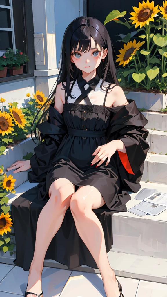 (short cute girl,small young student,young delicate girl),(masterpiece,Top quality),long black hair, white dress,sunflower