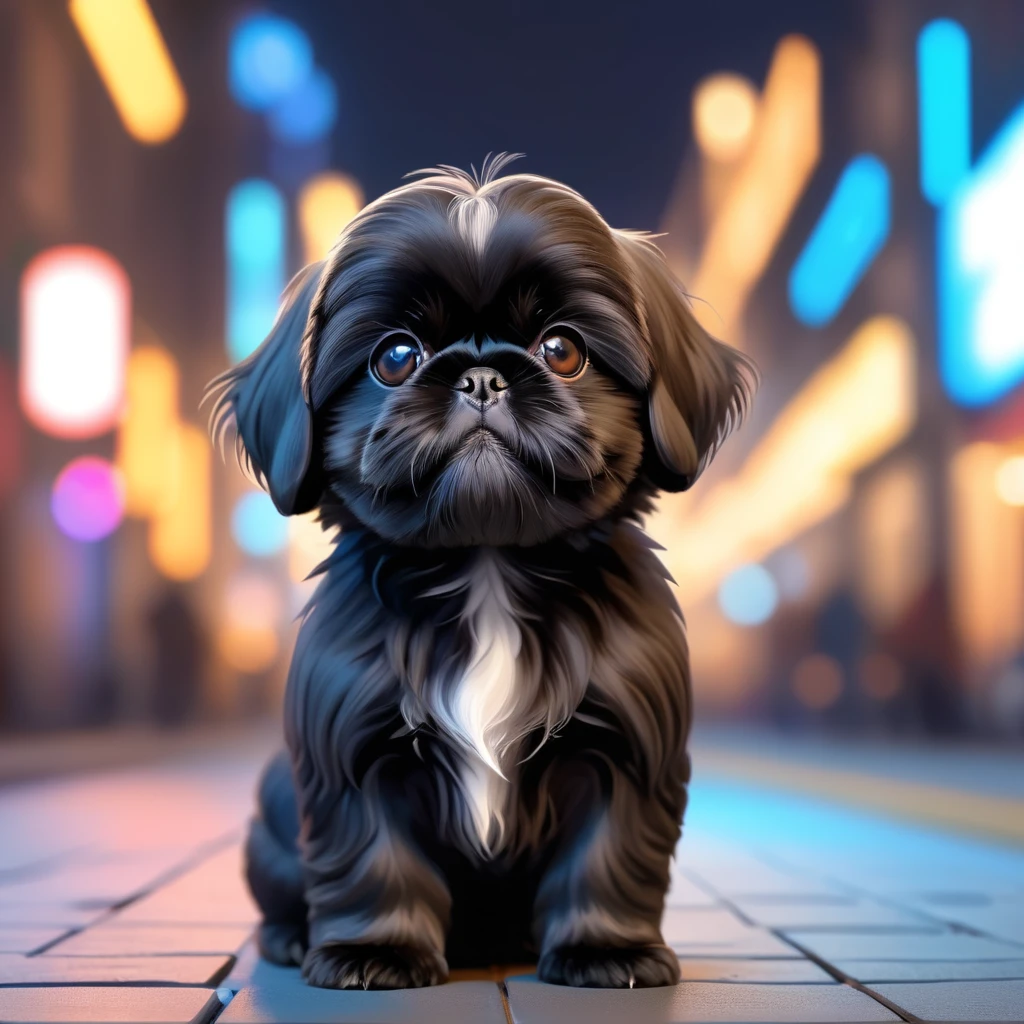 Cute black shih tzu puppies, blurred city background, cute numbers, 3D rendering, bright lights, vivid colors,