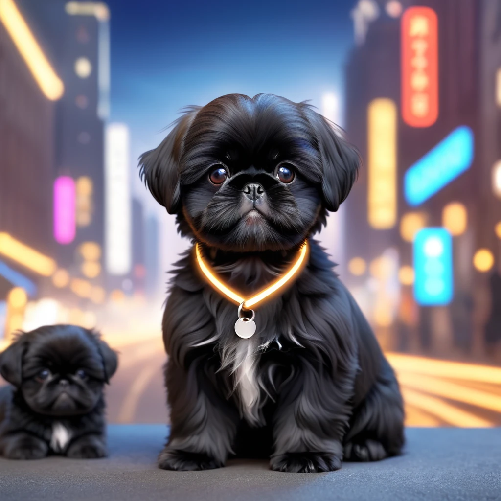 Cute black shih tzu puppies, blurred city background, cute numbers, 3D rendering, bright lights, vivid colors,