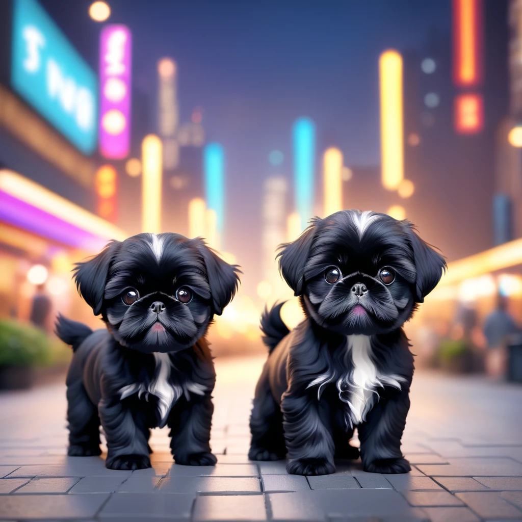 Cute black shih tzu puppies, blurred city background, cute numbers, 3D rendering, bright lights, vivid colors,