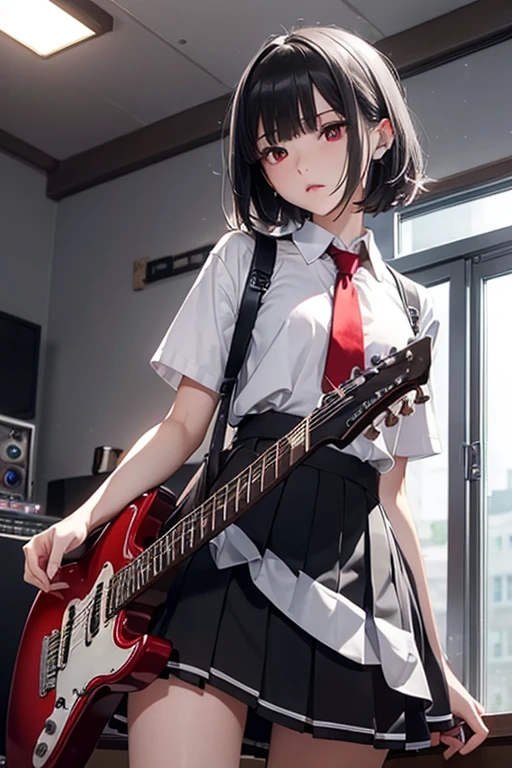 (((NSFW)))、((Masterpiece, Highest quality、Super detailed, Attention to detail))、Tabletop、girl、high school girl、Black Hair、Short Hair、Slit eyes、Red Eyes、eight-headed body、Model-like style、Slender、School uniforms、(White Shirt、Black Skirt、Black knee-high socks、Black Loafers)、Silver earringultiple silver accessories、Silver Ring、Silver Ring、Band Gal、(Red electric guitar)、(Dark An Music Studio、Best lighting、Standing and playing guitar)