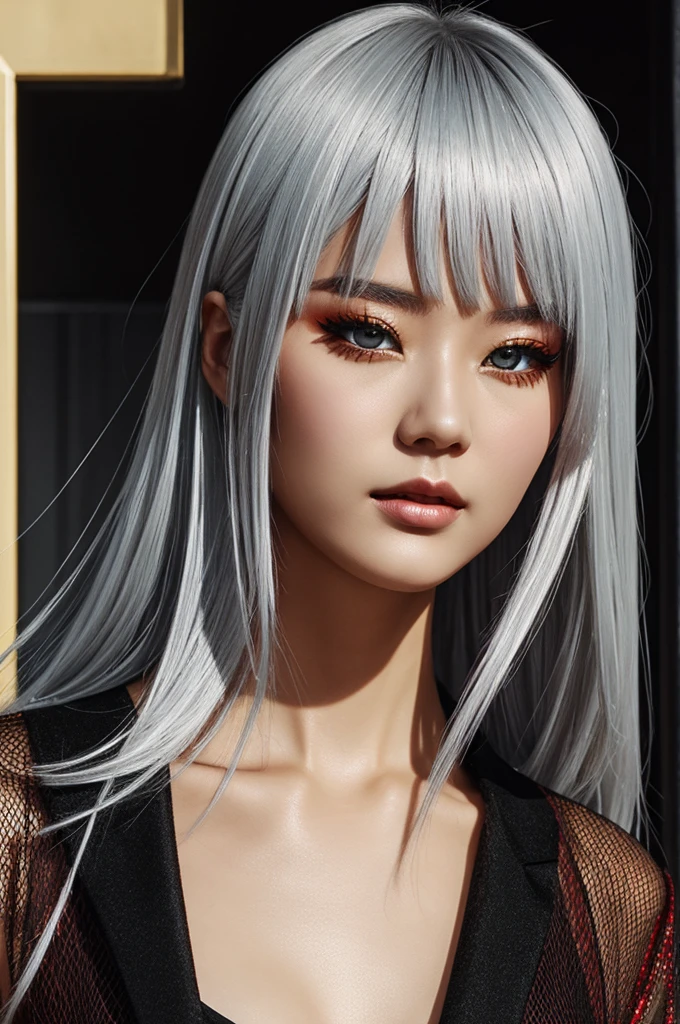 Silver hair with red mesh。Black street fashion。Golden eyes half-closed。An illustration。