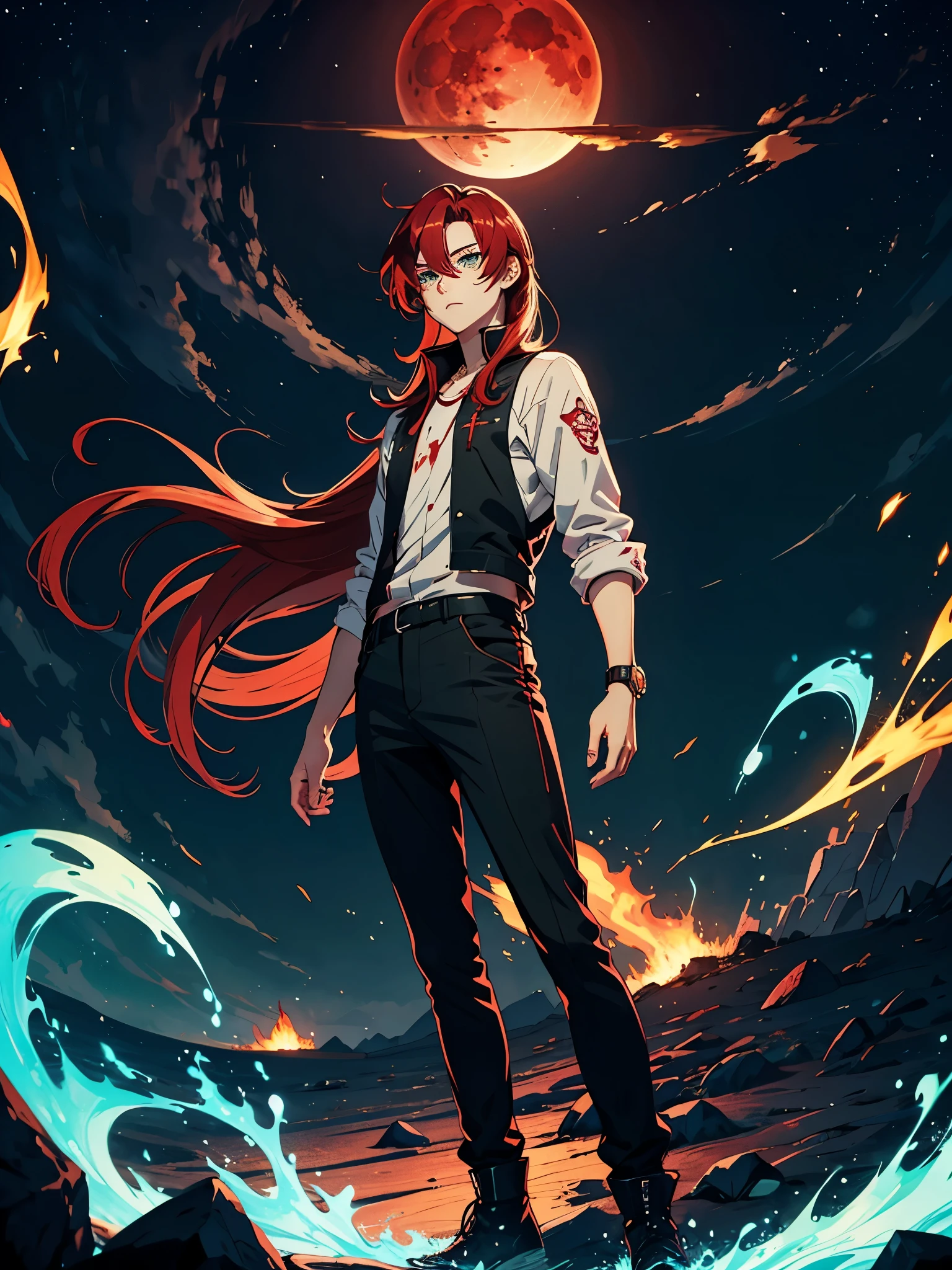 Green fire. 火rote Haare. Red hair. Red eyeliner. Blood Moon. More anime. male. Long hair. Boy.