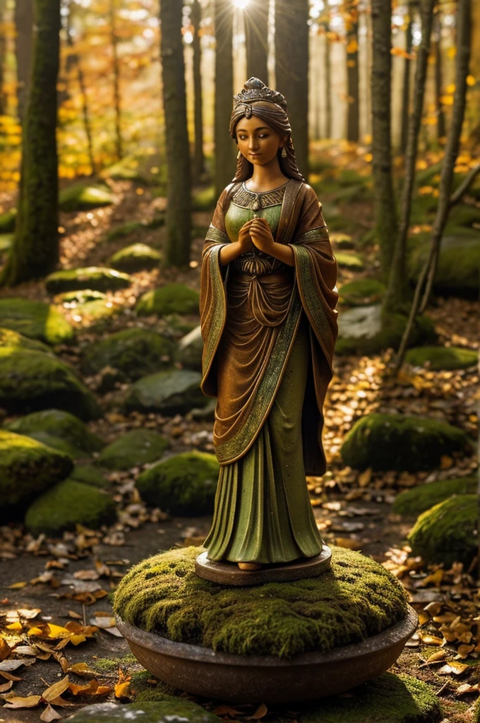 An ethereal scene of a miniature figure made from autumn leaves and delicate feathers, dancing on a weathered terracotta pot, covered in moss. Set against a vibrant forest backdrop with sunlight filtering through the trees, casting intricate shadows. The color palette features warm sienna, umber, and olive green, with touches of emerald and gold, evoking a sense of enchantment and wonder. hd quality