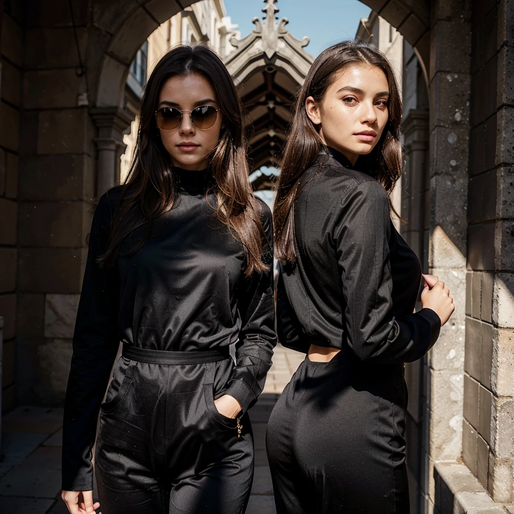 Create a very realistic and beautiful model with the following detailed features: Gender: Female, Age: Young adult (approximately 20-25 years old), Hair: Long, wavy and reddish with a natural shine, gently cascading around the shoulders and back back. . . . . . . . . . . . . , Eyes: Bright green with a captivating, slightly almond-shaped look, detailed with natural highlights, Skin: Fair complexion with a light texture, including natural freckles on the nose and cheeks, giving a youthful and vibrant appearance: Fair complexion with a light texture, including natural freckles on the nose and cheeks, giving a youthful and lively appearance, Face: with a smooth and natural contour, soft, full lips with a slight pinkish tint and a slightly delicate upturned nose, Expression : a gentle face, with a touch of mischief, which conveys warmth and approachability, Clothing: in a black suit and black sunglasses standing in an accentor, wearing a black suit, a black suit, a black outfit, a black suit and glasses, a black restrained suit, a black silky outfit, fashionable black clothes, a Girl in a suit, wears black clothes, Girl in a suit, Smooth black tight-fitting suit, wears an elegant outfit, haute couture chic, All black , Background: the model is in an accesor, start in accensor, accensor, accensor
Pose: relaxed and confident posture, start on an open roof, end of sunny day, sea view in the background. aesthetic, Unsplash, Neoclassicism, Complex background, Best quality, hyper detailed, Gratty Sita, 64K, Light design
