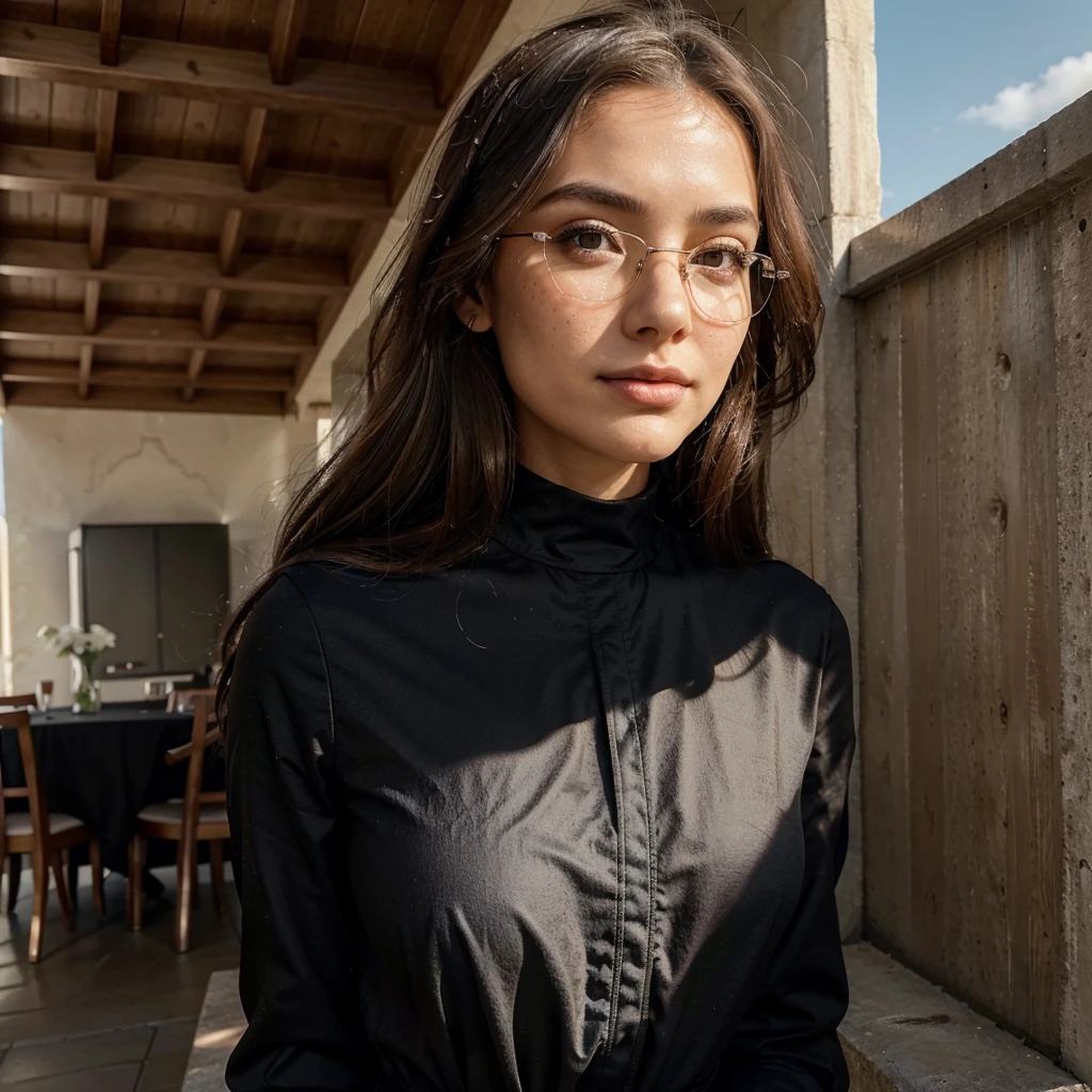 Create a very realistic and beautiful model with the following detailed features: Gender: Female, Age: Young adult (approximately 20-25 years old), Hair: Long, wavy and reddish with a natural shine, gently cascading around the shoulders and back back. . . . . . . . . . . . . , Eyes: Bright green with a captivating, slightly almond-shaped look, detailed with natural highlights, Skin: Fair complexion with a light texture, including natural freckles on the nose and cheeks, giving a youthful and vibrant appearance: Fair complexion with a light texture, including natural freckles on the nose and cheeks, giving a youthful and lively appearance, Face: with a smooth and natural contour, soft, full lips with a slight pinkish tint and a slightly delicate upturned nose, Expression : a gentle face, with a touch of mischief, which conveys warmth and approachability, Clothing: in a black suit and black sunglasses standing in an accentor, wearing a black suit, a black suit, a black outfit, a black suit and glasses, a black restrained suit, a black silky outfit, fashionable black clothes, a Girl in a suit, wears black clothes, Girl in a suit, Smooth black tight-fitting suit, wears an elegant outfit, haute couture chic, All black , Background: the model is in an accesor, start in accensor, accensor, accensor
Pose: relaxed and confident posture, start on an open roof, end of sunny day, sea view in the background. aesthetic, Unsplash, Neoclassicism, Complex background, Best quality, hyper detailed, Gratty Sita, 64K, Light design