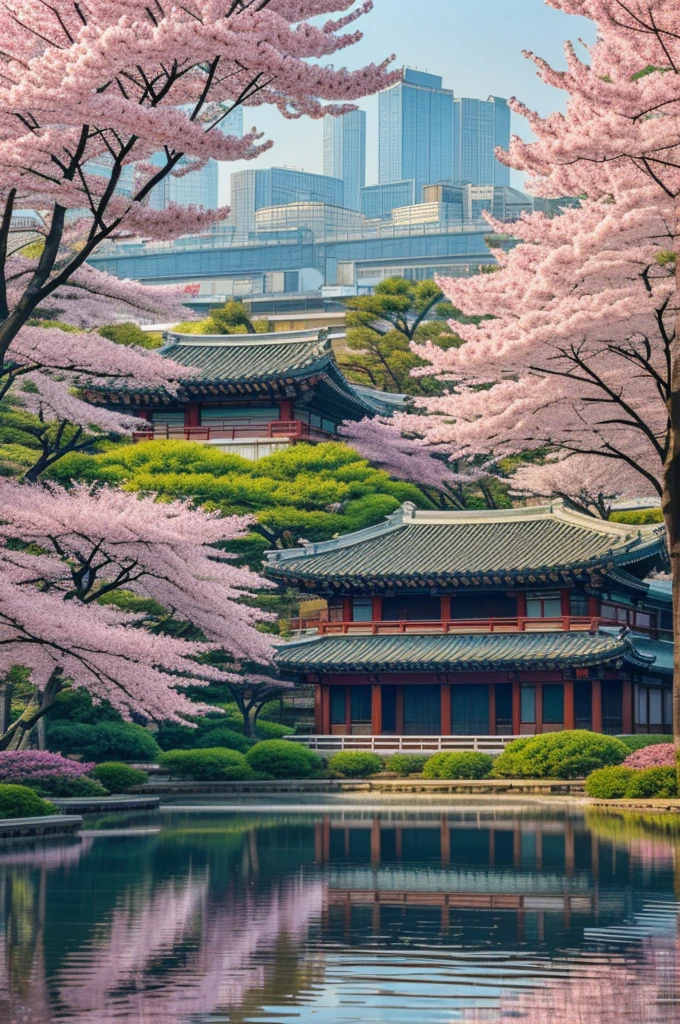 Create a scenic digital painting of Seoul, South Korea. The foreground features traditional Korean architecture with blue tiled roofs, set amidst vibrant cherry blossom trees. In the background, a serene lake reflects the landscape, and a modern city skyline is visible through a light mist. The overall atmosphere should be tranquil and picturesque, with soft pastel colors and a blend of traditional and contemporary elements