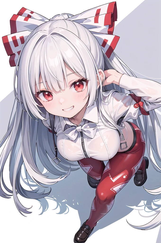 (((high quality))),(((masterpiece))),(((highly detailed))),((illustration style)),
(((fujiwara no mokou))),(touhou),(((red eyes))),(((long hair,white hair,bangs,hime cut)))),(((hair bow, white bow))),(((white leather jacket))),(((Flame Pattern print red full bodysuit))),((latex)), (shiny clothes:1.2),(((grin))),(((large breasts))),(((full body))),(((arm behind head))),(((model posing))),((((simple white background))),(((Angle from above)))
