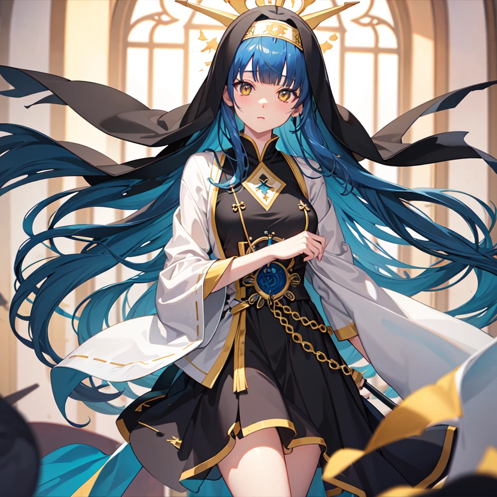 ((Highest quality))、1 girl、(church)、Stained glass、Depth of written boundary、The focus is clear、sun rays、Good composition、(Bokeh:1.2) 1 girl、solo、(Half Body)、(Mouth closed)、The fine details are beautiful、Pause(knifeを持つ)、Waistline、(((Black ceremonial clothing)))、Messy Hair、Long hair floating in the wind、hiqcgbody、((Blunt Bangs))、Blue Hair、Yellow Eyes、((long hair))、Medium breast、Sister、Nun、knife、scimitar、偃月knife、Face Veil、battle