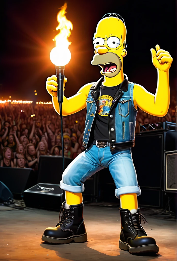 Homer Simpson as a rocker on stage at Wacken Open Air**

**title:** Homer Simpson rocks the stage at Wacken Open Air

**Description:** This picture shows Homer Simpson in the role of a rocker, who performs on the stage of the legendary Wacken Open Air Festival. Homer is dressed in full rocker gear and captured in a dynamic pose, which reflects his enthusiasm and energy during the performance.

**Details:**
- **facial expression:** Homer has a determined and passionate expression, while singing or screaming into a microphone. His eyes are wide open and his mouth shows a powerful scream.
- **attire:** Homer ist in typischer Rocker-attire gekleidet. He wears a black T-shirt with the Wacken logo, a torn pair of jeans and heavy boots. He also wears studded bracelets and maybe even a leather jacket.
- **posture:** Homer stands on the stage with his legs spread, his upper body is bent forward, and he holds the microphone firmly in his hand. He could also have a guitar slung over his shoulder, he is currently playing.
- **backdrop:** Der backdrop zeigt die große Bühne des Wacken Open Air mit den ikonischen Schriftzügen und den jubelnden Massen im Publikum. Colorful lights and pyrotechnic effects shine above the stage, which underline the rock ambience.
- **Additional elements:** To make the scene even more lively, could details like smoke, Confetti and spotlight beams can be added. Vielleicht gibt es auch weitere Bandmitglieder im backdrop, who appear together with Homer.

**Emotional impact:** The picture conveys an atmosphere of energy, Excitement and passion. It shows a humorous side of Homer Simpson, who in an unusual, but powerful role as a rocker dominates the stage.

**