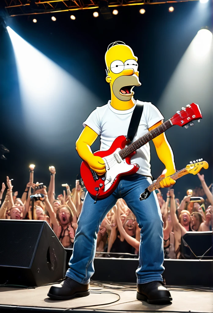 Homer Simpson as a rocker on stage at Wacken Open Air**

**title:** Homer Simpson rocks the stage at Wacken Open Air

**Description:** This picture shows Homer Simpson in the role of a rocker, who performs on the stage of the legendary Wacken Open Air Festival. Homer is dressed in full rocker gear and captured in a dynamic pose, which reflects his enthusiasm and energy during the performance.

**Details:**
- **facial expression:** Homer has a determined and passionate expression, while singing or screaming into a microphone. His eyes are wide open and his mouth shows a powerful scream.
- **attire:** Homer ist in typischer Rocker-attire gekleidet. He wears a black T-shirt with the Wacken logo, a torn pair of jeans and heavy boots. He also wears studded bracelets and maybe even a leather jacket.
- **posture:** Homer stands on the stage with his legs spread, his upper body is bent forward, and he holds the microphone firmly in his hand. He could also have a guitar slung over his shoulder, he is currently playing.
- **backdrop:** Der backdrop zeigt die große Bühne des Wacken Open Air mit den ikonischen Schriftzügen und den jubelnden Massen im Publikum. Colorful lights and pyrotechnic effects shine above the stage, which underline the rock ambience.
- **Additional elements:** To make the scene even more lively, could details like smoke, Confetti and spotlight beams can be added. Vielleicht gibt es auch weitere Bandmitglieder im backdrop, who appear together with Homer.

**Emotional impact:** The picture conveys an atmosphere of energy, Excitement and passion. It shows a humorous side of Homer Simpson, who in an unusual, but powerful role as a rocker dominates the stage.

**