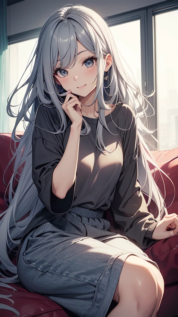 Gal、Sitting on the couch、hair is gray、laughing、Around 25 years old、Anime style illustration long hair, 