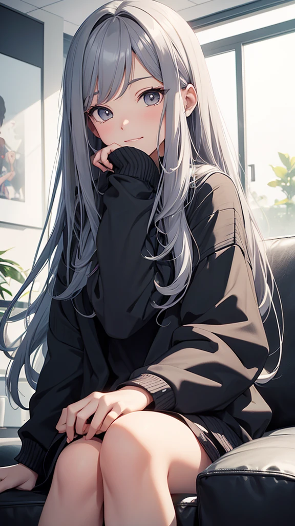 Gal、Sitting on the couch、hair is gray、laughing、Around 25 years old、Anime style illustration long hair,
