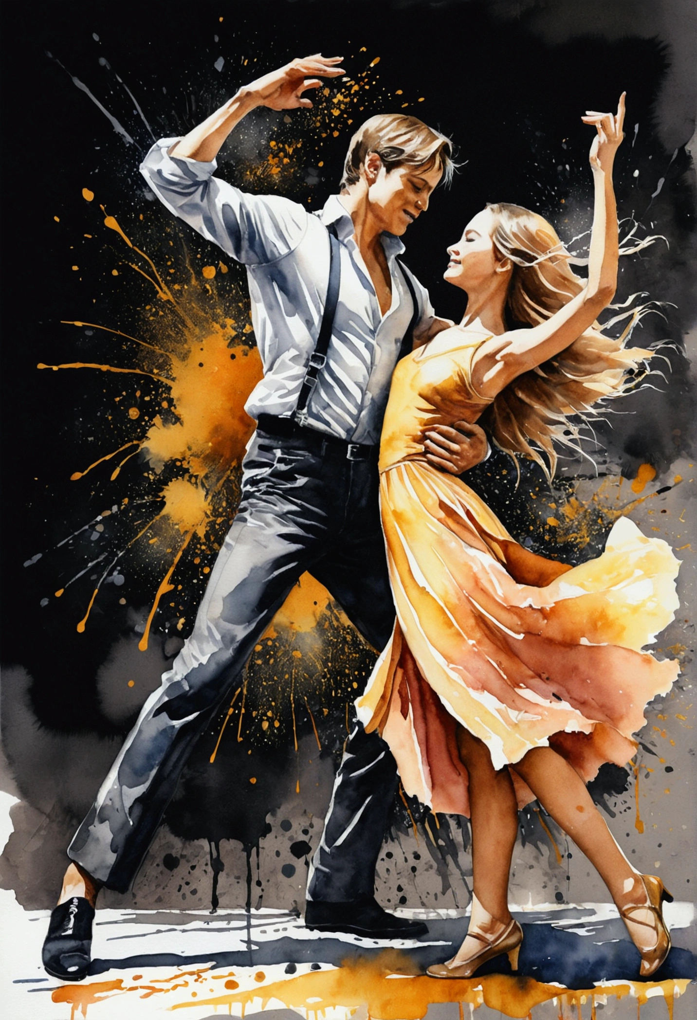 Warm painting with splatter background and spray effect, by Eugeniusz Zak, watercolor art. Europe, a young man and a girl dancing rock and roll on a dark neutral background, by Karoly Lotz, watercolor, watercolor style, detailed watercolor art, by Ruben Tam, digital watercolor painting, watercolor, highly detailed watercolor, watercolor art, Grzegorz Rutkowski