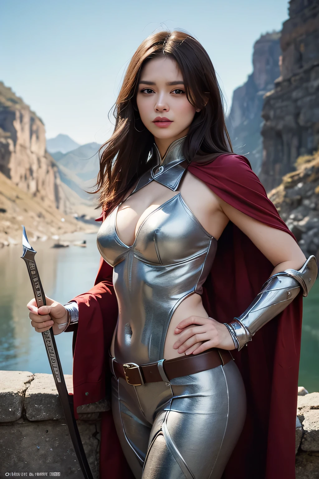 8k,A female adventurer from another world,so beautiful(Like the real thing),Adult woman in leather armor,Brown Hair,blue eyes,Carrying long objects, Large sword,Brown combat trousers,Dagger on hip,Walking in mountainous areas,Perfect Face,Perfect hand shape,charm,Volume measurement,Body balance,超High resolution,super Realistic skin,Digital single-lens reflex camera, Soft lighting, high quality, Highly detailed face, Highly detailed eyes, highly detailed skin, skin, ((slim:1.4))、Scattered under the surface, Highly detailed face, Highly detailed eyes, Beautiful expression, Lip, Detailed Background, Written boundary depth, Small breasts、Volumetric Lighting, Sharp focus, Absurd, Realistic proportions, Excellent anatomy, (Realistic, 超Realistic:1.4), 16k hdr, dawn,Big Breasts,High resolution,super Realistic skin,super Beautiful expression,Fantasy art,Character Art,Dynamic pose,compensate,Brown cloak,Carrying large luggage on your back,