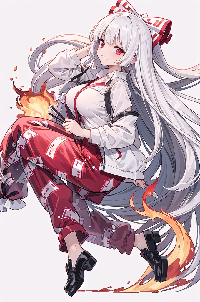 (((high quality))),(((masterpiece))),(((highly detailed))),((illustration style)),
(((fujiwara no mokou))),(touhou),(((red eyes))),(((long hair,white hair,bangs,hime cut)))),(((hair bow, white bow))),(((white leather jacket))),(((Flame Pattern print red full bodysuit))),((latex)), (shiny clothes:1.2),(((grin))),(((large breasts))),(((full body))),(((arm behind head))),(((model posing))),((((simple white background))),(((Side angle)))