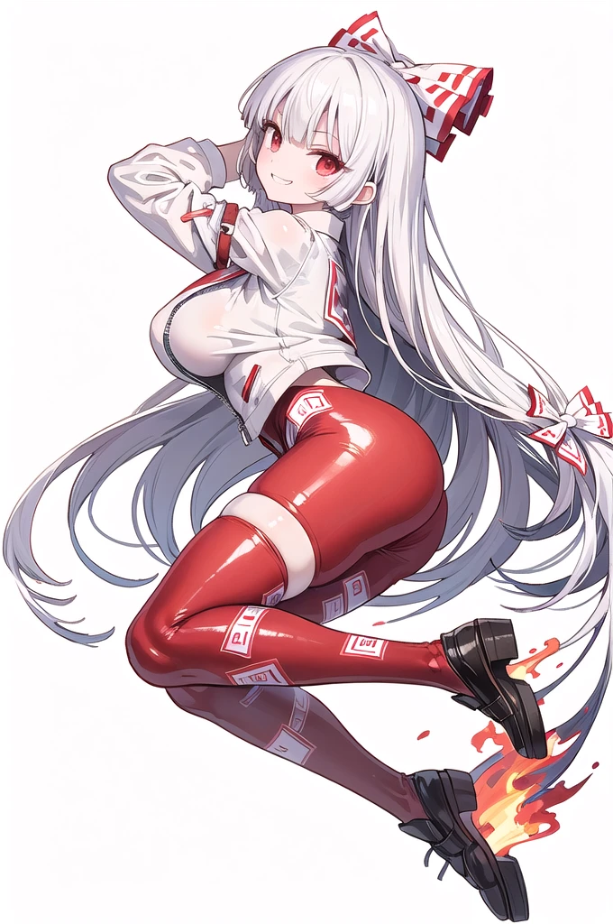 (((high quality))),(((masterpiece))),(((highly detailed))),((illustration style)),
(((fujiwara no mokou))),(touhou),(((red eyes))),(((long hair,white hair,bangs,hime cut)))),(((hair bow, white bow))),(((white leather jacket))),(((Flame Pattern print red full bodysuit))),((latex)), (shiny clothes:1.2),(((grin))),(((large breasts))),(((full body))),(((arm behind head))),(((model posing))),((((simple white background))),(((Side angle)))