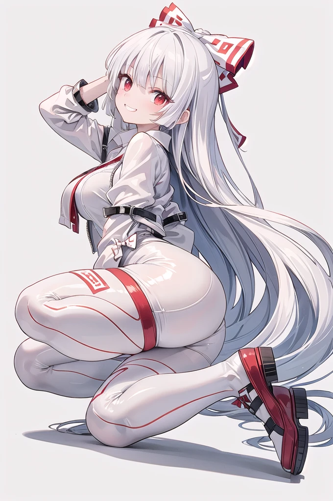 (((high quality))),(((masterpiece))),(((highly detailed))),((illustration style)),
(((fujiwara no mokou))),(touhou),(((red eyes))),(((long hair,white hair,bangs,hime cut)))),(((hair bow, white bow))),(((white leather jacket))),(((Flame Pattern print red full bodysuit))),((latex)), (shiny clothes:1.2),(((grin))),(((large breasts))),(((full body))),(((arm behind head))),(((model posing))),((((simple white background))),(((Side angle)))