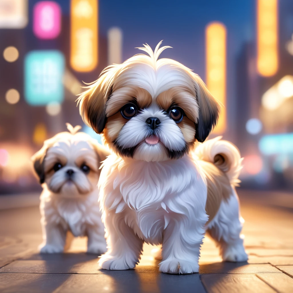 cute shih tzu puppies, blurred city background, cute numbers, 3D rendering, bright lights, vivid colors,