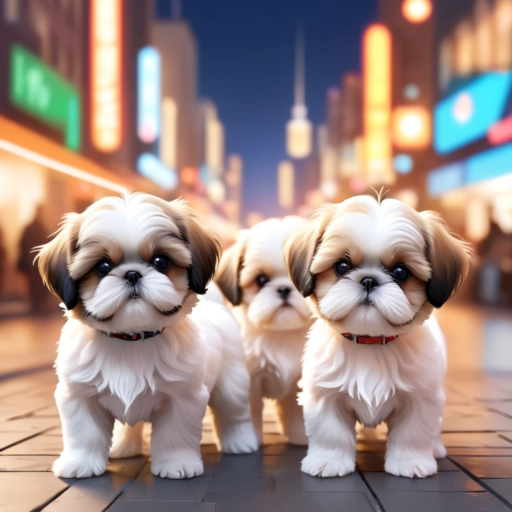 cute shih tzu puppies, blurred city background, cute numbers, 3D rendering, bright lights, vivid colors,