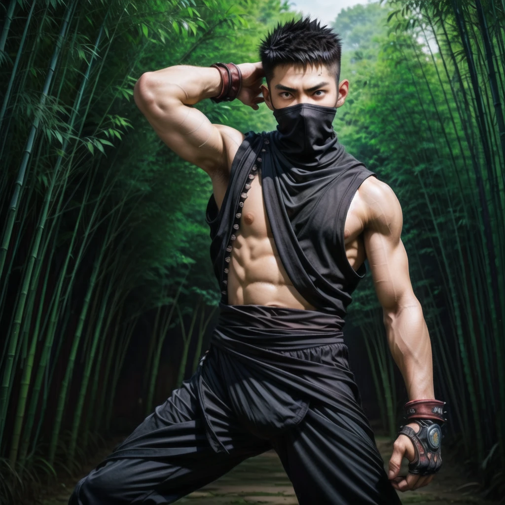(((Cover your nose and neck with black cloth)))、Japanese men、Crotch bulge、((Sweaty armpits smell))、dutch angle、(((fighting stance、)))、((Sleeveless ninja jacket))、(((Ninja Pants)))、((Bandage on hand))、(Arm tattoo)、(((feet out of frame、cowboy shot)))、Muscular、(Glowering look、looking at viewer、big eyes、furious)、((Bamboo grove)、sidecut Spiky hair、、((full body))、 Detailed Background, The finer details、Real、3K、Highest quality