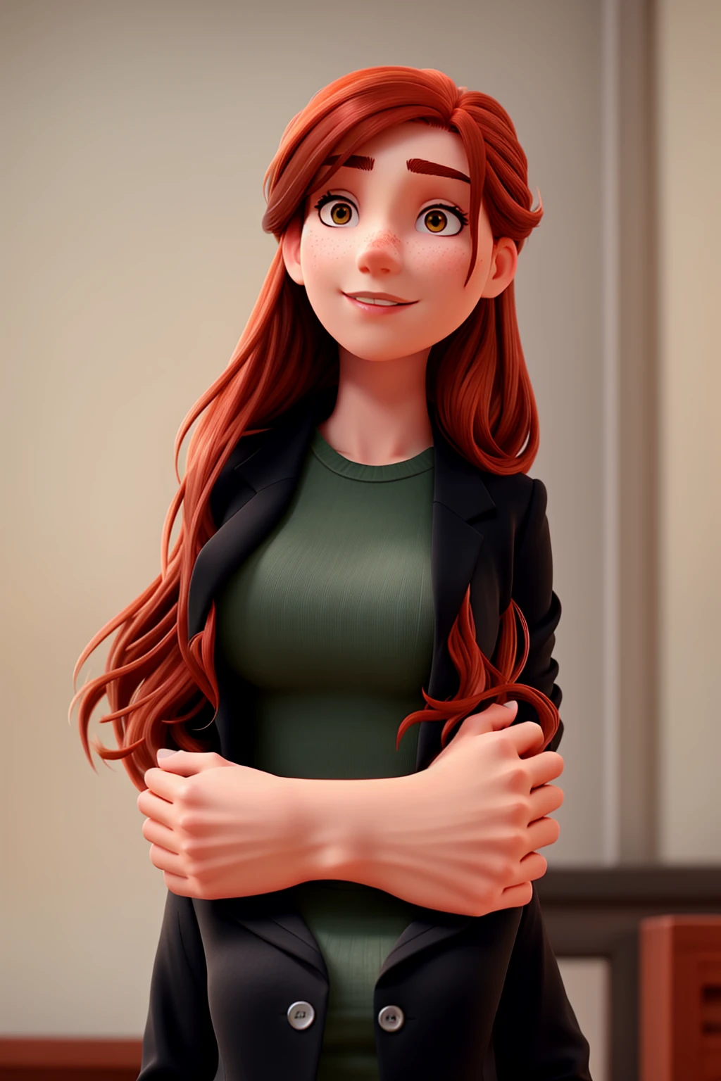 redheadwear, slickedback hair, eyes browns, black blazer and shirt b
