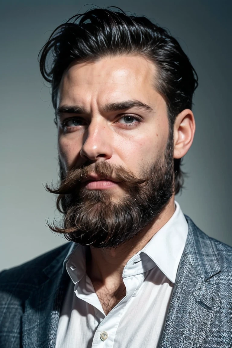 (retrato:1.5), Description: A 44-year-old man with a confident and friendly appearance. He has dark brown hair, slightly wavy and well combed. His eyes are light brown, expressive and convey intelligence and empathy. He has a well-trimmed beard, which adds a touch of maturity to his face. His skin is clear, with a healthy tone. He is wearing a light blue dress shirt and a dark gray blazer, conveying a professional and approachable image. The background is neutral, highlighting Vittorio's face and expression. ((generate an image with a clear and expressive face, with eyes that convey intelligence and empathy))(((face was clear and expressive, with eyes that convey intelligence and empathy, and a well-trimmed beard to add maturity.))), garden background, morning day, sunlight