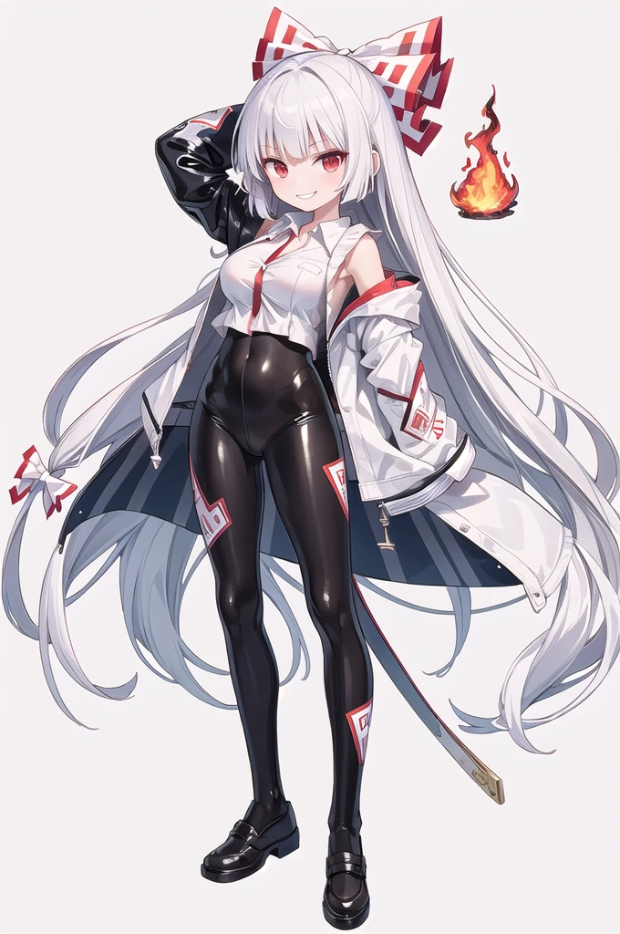 (((high quality))),(((masterpiece))),(((highly detailed))),((illustration style)),
(((fujiwara no mokou))),(touhou),(((red eyes))),(((long hair,white hair,bangs,hime cut)))),(((hair bow, white bow))),(((white leather jacket))),(((Flame Pattern print red full bodysuit))),((latex)), (shiny clothes:1.2),(((grin))),(((large breasts))),(((full body))),(((arm behind head))),(((model posing))),((((simple white background))),(((Diagonal angle)))