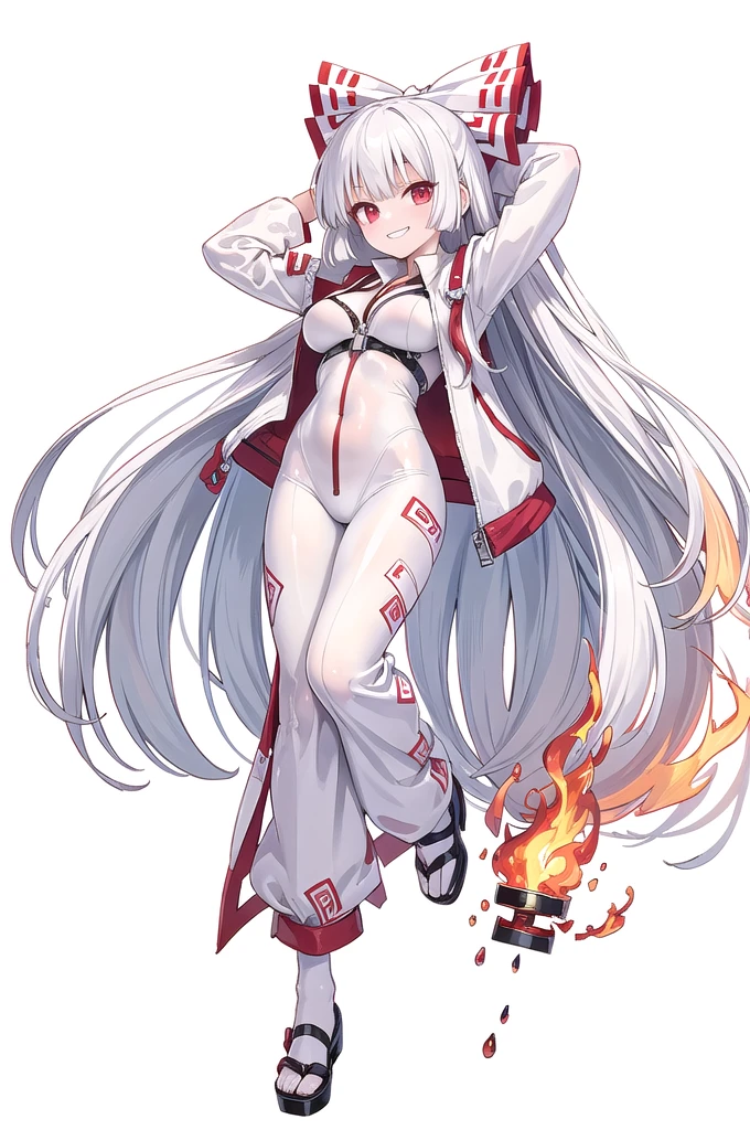 (((high quality))),(((masterpiece))),(((highly detailed))),((illustration style)),
(((fujiwara no mokou))),(touhou),(((red eyes))),(((long hair,white hair,bangs,hime cut)))),(((hair bow, white bow))),(((white leather jacket))),(((Flame Pattern print red full bodysuit))),((latex)), (shiny clothes:1.2),(((grin))),(((large breasts))),(((full body))),(((arm behind head))),(((model posing))),((((simple white background))),(((Diagonal angle)))