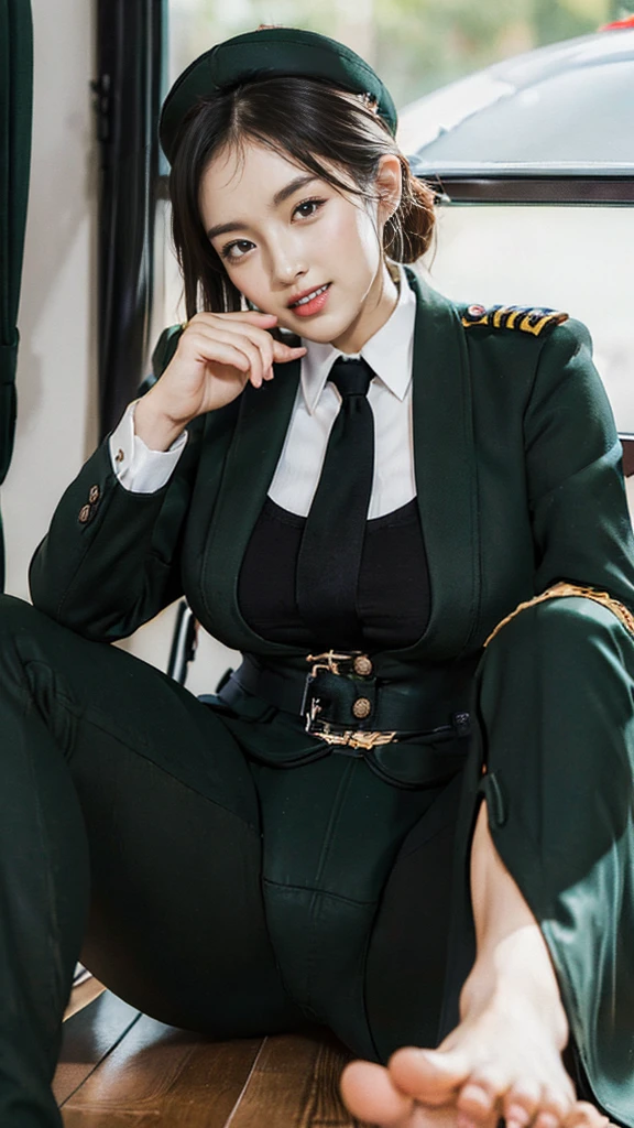 Typically detailed CG Unity 8K wallpaper，（masterpiece），（The best quality at its best），（Super detailed），（Ultra-realistic photos），（Best character details：1.36），Nikon D750F / 1.4 55mm，RAW Photos，Professional Lighting， Physically Based Rendering, 1 plump girl, Girl Soldier，(Dark green military uniform，(Dark green military uniform)，suit，Fabric texture Military uniform, Perfect military calm)，，(Black tie)，((Black Panties,))，barefoot，Plump thighs,military hat，Big wave curls，Short Hair Details，Twisted Braid)，Golden Ratio,[:(Has a delicate face:1.2):0.2]:，Pure Eros Face_v1,(Huge Ass),(Plump thighs:1.45),(Wide crotch:1.55),((Please put your finger over your mouth):1.4)，Close-up shot，((A confident smile):1.35)，(((Panties close up),Chest close-up,Face close-up,Front view，))、A bright smile，Shine)，White teeth，(look at me)，(((thick, Chubby, Thick tight, Wide Hips, Abnormally swollen buttocks,(Please spread your legs wide:1.2),Attractive pose,Sexy pose,Bare thighs, barefoot, Captivating smile, Film Grain, Cinema Lighting) )，Azur Lane Style),Spread your legs,Back view