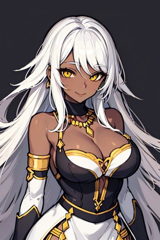 dohna dohna style,1girl, breasts, solo, yellow eyes, long hair, dark-skinned female, dark skin, large breasts, cleavage, dress, jewelry, looking at viewer, white background, smile, white dress, white hair, bare shoulders, detached sleeves, simple background, necklace, upper body, masterpiece, best quality,