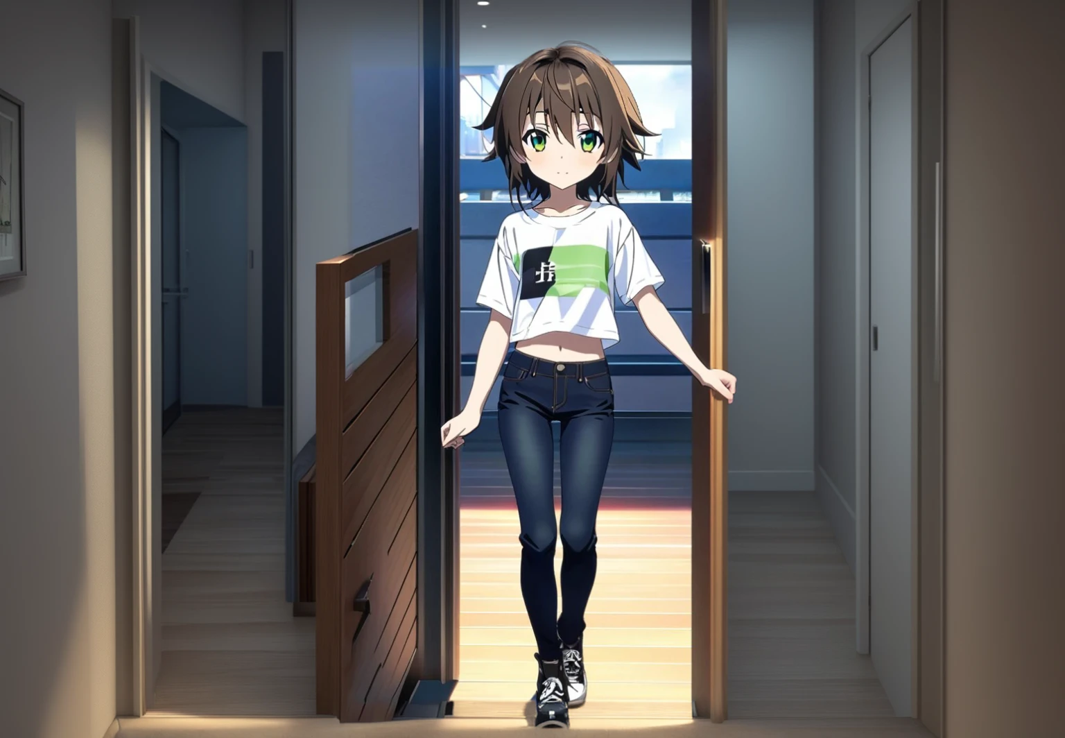 The setting is the entrance to an apartment, seen from inside the apartment, very detailed.