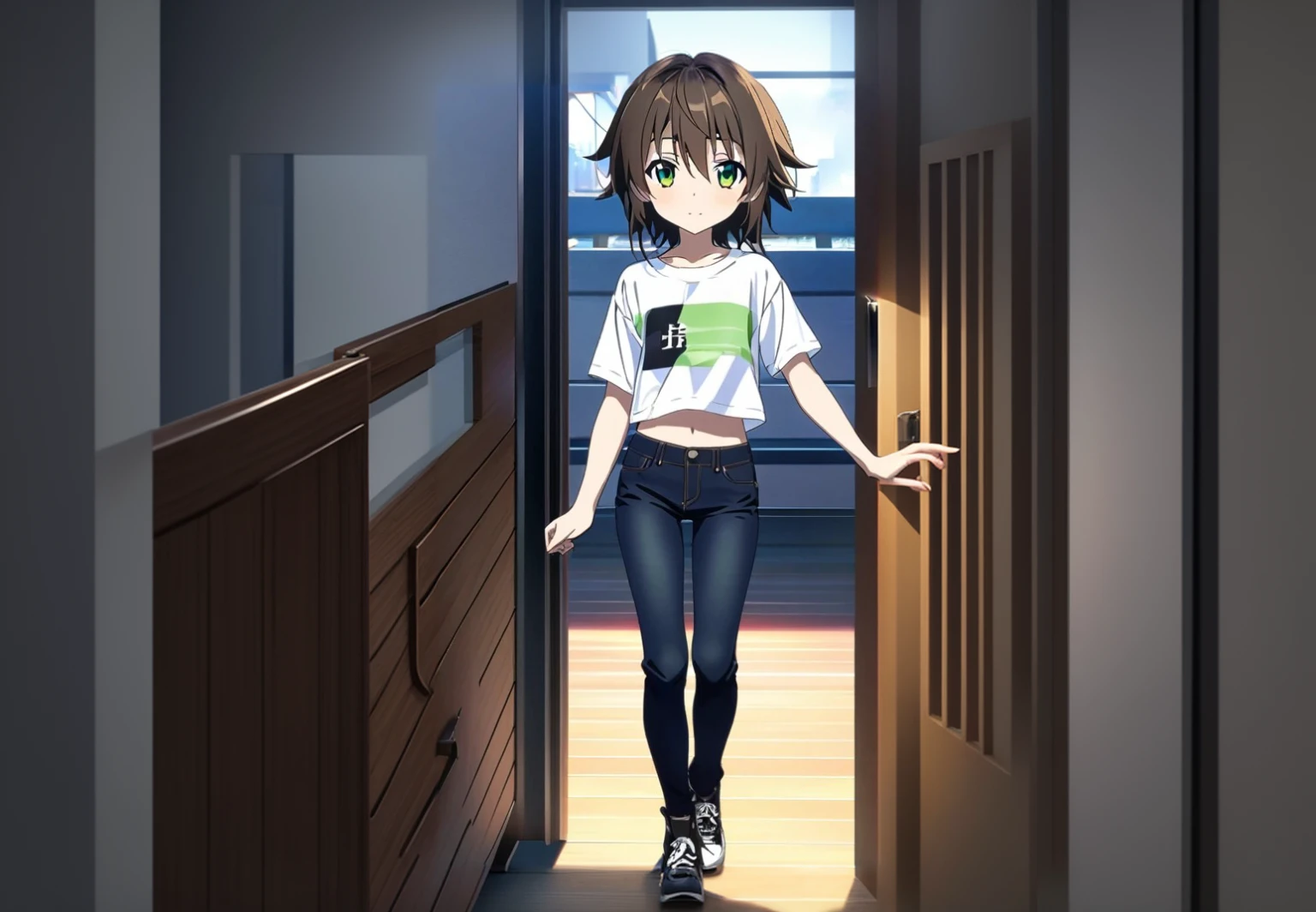 The setting is the entrance to an apartment, seen from inside the apartment, very detailed.