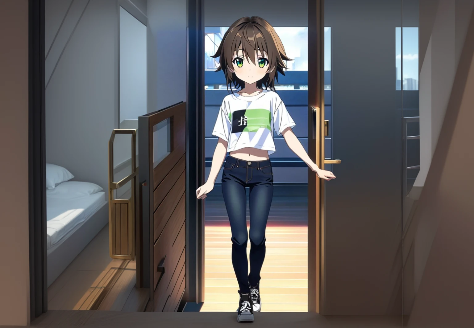 The setting is the entrance to an apartment, seen from inside the apartment, very detailed.
