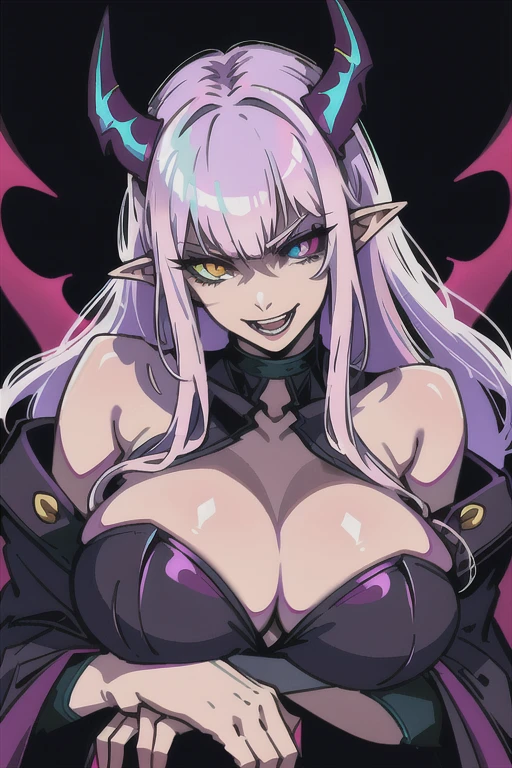 A female demon with elf ears and demon horns in hell, a mature face with a wicked smile vampire teeth, and voluminous body with huge breasts and bust, Silver hair with wet purple highlights ,(purple and yellow demonic eyes), ((heterochromia)), wet black wedding outfit, double sword, large long and pointed nails. Black background full of bloody needles, fashion realistic, sysie high definition details, fot, acumen, unique 850 4, Koda850 k portrait camera, Spring F1.6, rich colors, super realistic texture, spectacular light texture, SurrealArt, Cinestil 800 Fashion Mechanism,