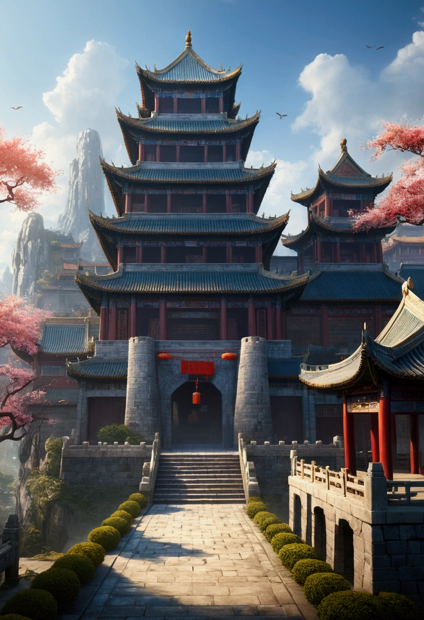 Highest quality,masterpiece,Chinese style castle,landscape,There are no humans,Fantasy,Charming streetscape,Concept Art,Fantasy,high resolution,4K,Atmospheric,Detailed Description,ground-level shot,アニメ 