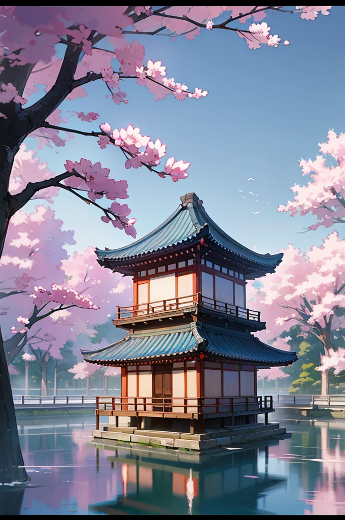 Create a scenic digital painting of Seoul, South Korea. The foreground features traditional Korean architecture with blue tiled roofs, set amidst vibrant cherry blossom trees. In the background, a serene lake reflects the landscape, and a modern city skyline is visible through a light mist. The overall atmosphere should be tranquil and picturesque, with soft pastel colors and a blend of traditional and contemporary elements