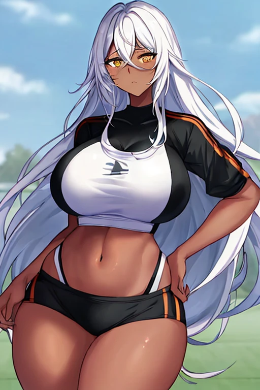 1girl, anime style, 2d, anime screencap, dark skin, black skin, dark-skinned female, white hair, long hair, huge breasts, wide hips, thick thighs, shirt, sportswear, shy, sports bra, screencap, masterpiece, mature female, milf