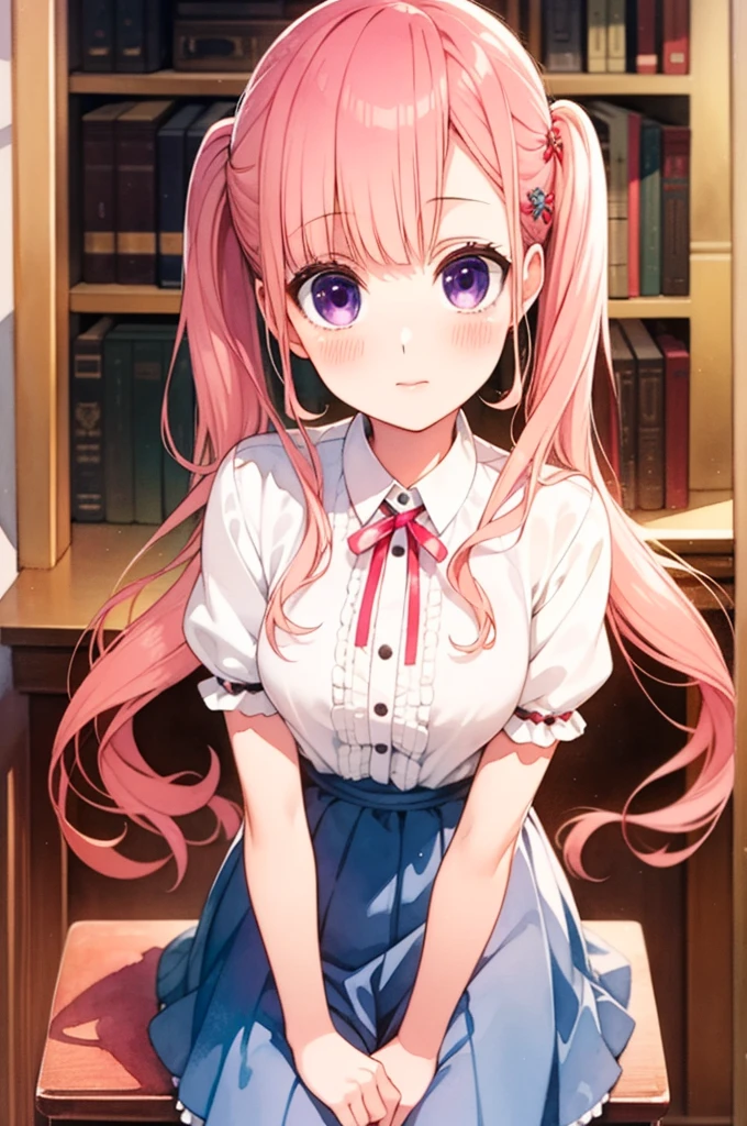 masterpiece, best quality, illustration, 1girl, solo, looking at viewer, , , (watercolor illustration, soft pastel colors:1.1), , ririna_sanada, pink hair, purple eyes, long hair ,twintails, , courtroom,