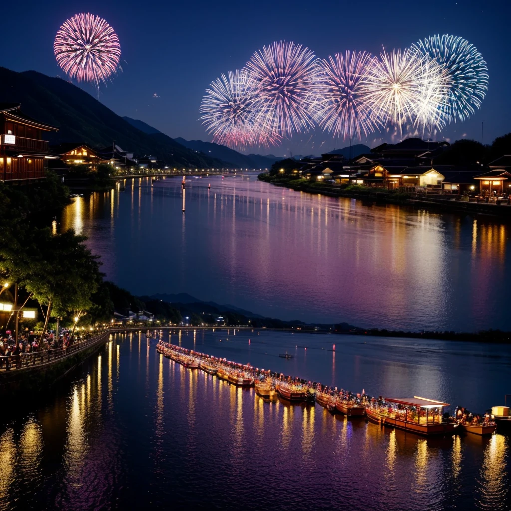 A quiet summer night in a rural town、People wearing yukata々enjoying the fireworks festival。Food stalls lined up along the river、Colorful fireworks illuminate the night sky、Starry sky、And the fireworks reflected on the river。