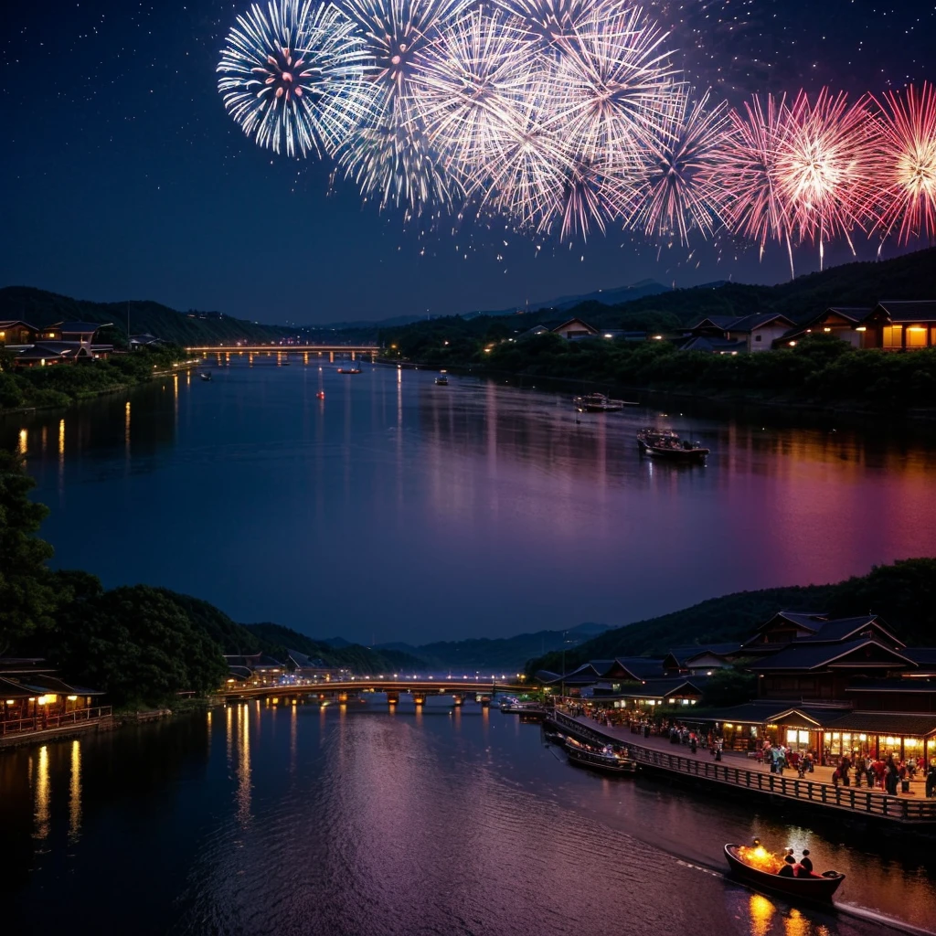 A quiet summer night in a rural town、People wearing yukata々enjoying the fireworks festival。Food stalls lined up along the river、Colorful fireworks illuminate the night sky、Starry sky、And the fireworks reflected on the river。