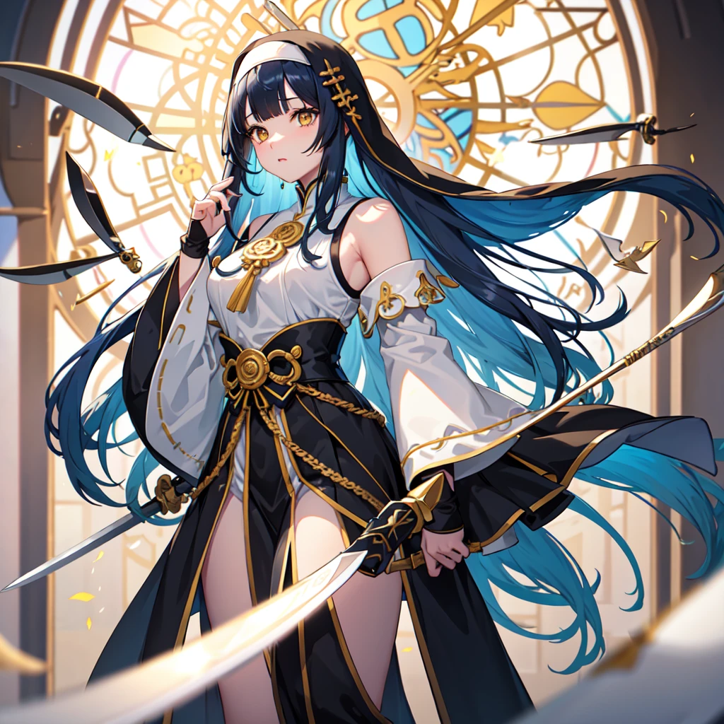 ((Highest quality))、1 girl、(church)、Stained glass、Depth of written boundary、The focus is clear、sun rays、Good composition、(Bokeh:1.2) 1 girl、solo、(Half Body)、(Mouth closed)、The fine details are beautiful、Pause(knifeを持つ)、Waistline、(((Black ceremonial clothing)))、Messy Hair、Long hair floating in the wind、hiqcgbody、((Blunt Bangs))、Blue Hair、Yellow Eyes、((long hair))、Medium breast、Sister、Nun、knife、scimitar、偃月knife、Face Veil、battle