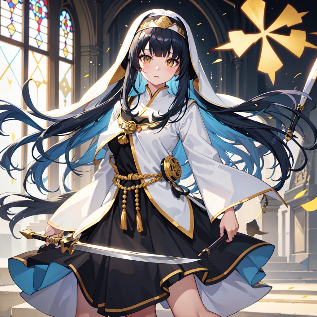 ((Highest quality))、1 girl、(church)、Stained glass、Depth of written boundary、The focus is clear、sun rays、Good composition、(Bokeh:1.2) 1 girl、solo、(Half Body)、(Mouth closed)、The fine details are beautiful、Pause(knifeを持つ)、Waistline、(((Black ceremonial clothing)))、Messy Hair、Long hair floating in the wind、hiqcgbody、((Blunt Bangs))、Blue Hair、Yellow Eyes、((long hair))、Medium breast、Sister、Nun、knife、scimitar、偃月knife、Face Veil、battle