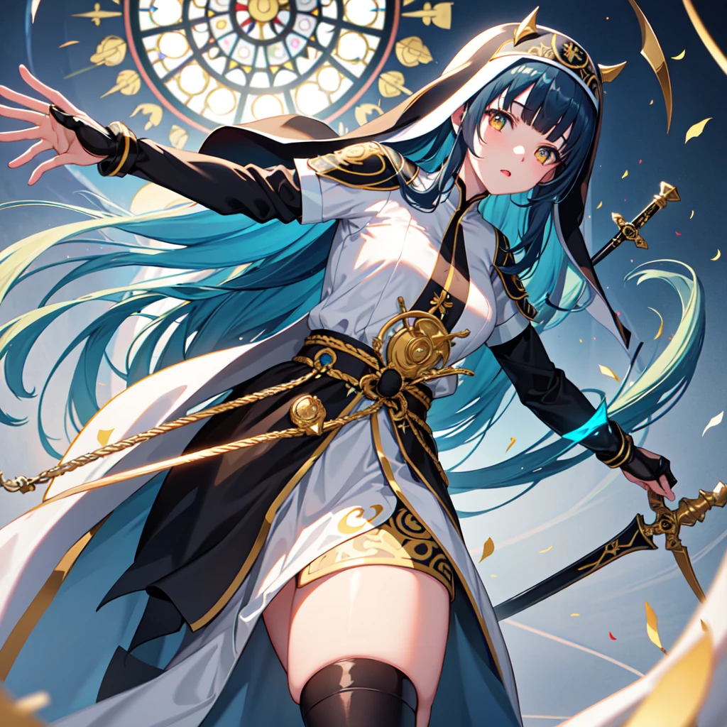 ((Highest quality))、1 girl、(church)、Stained glass、Depth of written boundary、The focus is clear、sun rays、Good composition、(Bokeh:1.2) 1 girl、solo、(Half Body)、(Mouth closed)、The fine details are beautiful、Pause(knifeを持つ)、Waistline、(((Black ceremonial clothing)))、Messy Hair、Long hair floating in the wind、hiqcgbody、((Blunt Bangs))、Blue Hair、Yellow Eyes、((long hair))、Medium breast、Sister、Nun、knife、scimitar、偃月knife、Face Veil、battle