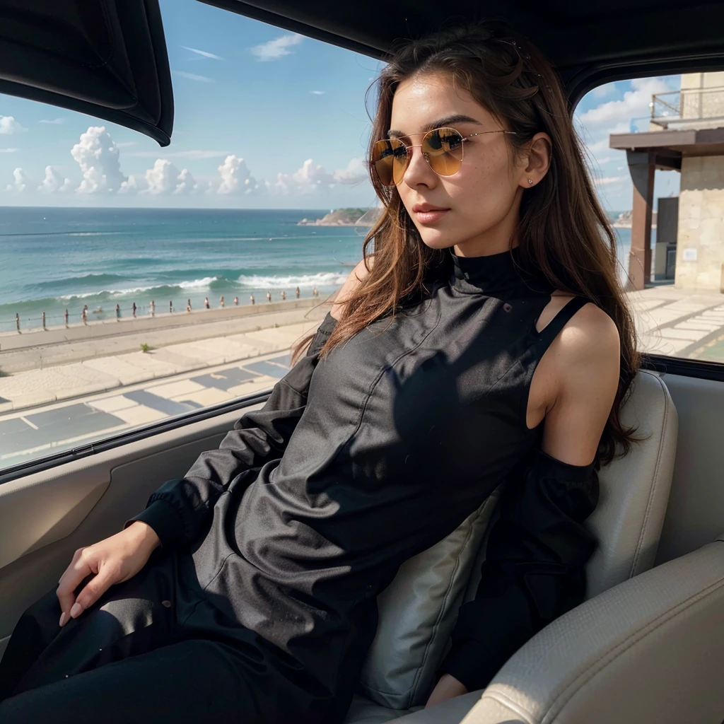 Create a very realistic and beautiful model with the following detailed features: Gender: Female, Age: Young adult (approximately 20-25 years old), Hair: Long, wavy and reddish with a natural shine, gently cascading around the shoulders and back back. . . . . . . . . . . . . , Eyes: Bright green with a captivating, slightly almond-shaped look, detailed with natural highlights, Skin: Fair complexion with a light texture, including natural freckles on the nose and cheeks, giving a youthful and vibrant appearance: Fair complexion with a light texture, including natural freckles on the nose and cheeks, giving a youthful and lively appearance, Face: with a smooth and natural contour, soft, full lips with a slight pinkish tint and a slightly delicate upturned nose, Expression : a gentle face, with a touch of mischief, which conveys warmth and approachability, Clothing: in a black suit and black sunglasses standing in an accentor, wearing a black suit, a black suit, a black outfit, a black suit and glasses, a black restrained suit, a black silky outfit, fashionable black clothes, a Girl in a suit, wears black clothes, Girl in a suit, Smooth black tight-fitting suit, wears an elegant outfit, haute couture chic, All black , Background: the model is in an accesor, start in accensor, accensor, accensor Pose: relaxed and confident posture, start on an open roof, end of sunny day, sea view in the background. aesthetic, Unsplash, Neoclassicism, Complex background, Best quality, hyper detailed, Gratty Sita, 64K, Light design