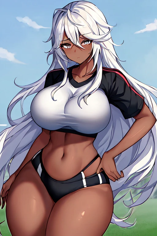 1girl, anime style, 2d, anime screencap, dark skin, black skin, dark-skinned female, white hair, long hair, huge breasts, wide hips, thick thighs, shirt, sportswear, shy, sports bra, screencap, masterpiece, mature female, milf