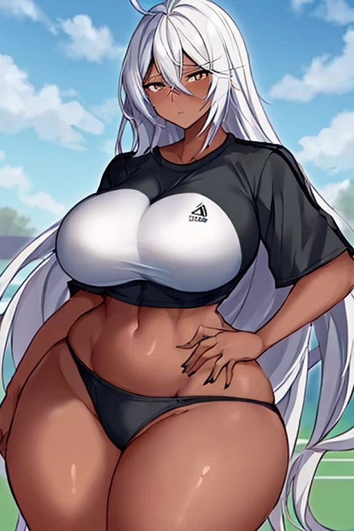 1girl, anime style, 2d, anime screencap, dark skin, black skin, dark-skinned female, white hair, long hair, huge breasts, wide hips, thick thighs, shirt, sportswear, shy, sports bra, screencap, masterpiece, mature female, milf