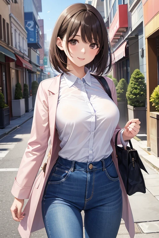 anegasaki nene、Shiny brown hair, short hair, (Beautiful brown eyes、Sparkling eyes, Fine grain)、smile、Ultra-detailed eyes、Very detailedな顔, Very detailedな目,


((Highest quality)), ((masterpiece)), (Very detailed), (Very high resolution), ((Realistic)), 8k, Perfect line drawing, Beautiful line art,
Anime 2D Rendering, (The best CG), Ultra-detailed art, 
One Girl:1.5, 

Only one female, (Explore the city), (Pink long coat)break  (White shirt、Denim pants), Mature Woman, 優しいsmile, (masterpiece Highest quality:1.2) Delicate illustrations, super detailed, breasts break (carrying a designer bag) break (Populated downtown) Outdoor, noon, Crowded, Detailed Background