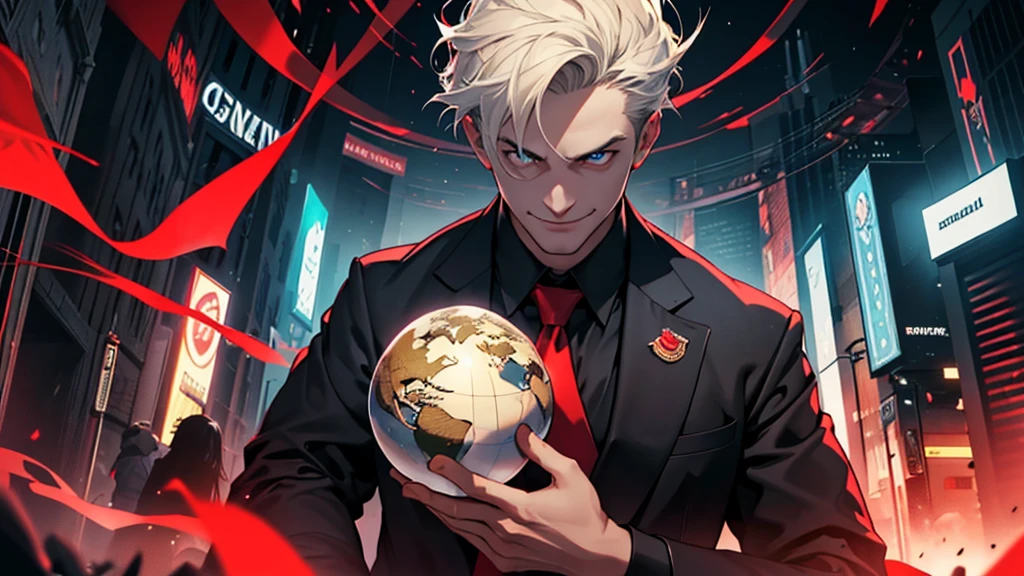 Prompt Title: "English: The Language of Global Power" Prompt Description: Create a YouTube cover that illustrates in a creative and impactful way that conveys an idea of how English became the dominant language on the planet. The image must show a US executive, wearing suit and tie, holding the globe in his hands with a Machiavellian expression and a terrifying smile. Your eyes should glow red, symbolizing influence and control. Ao fundo, glimpses of New York City and the US flag should reinforce the idea of the power and global centrality of the English language.