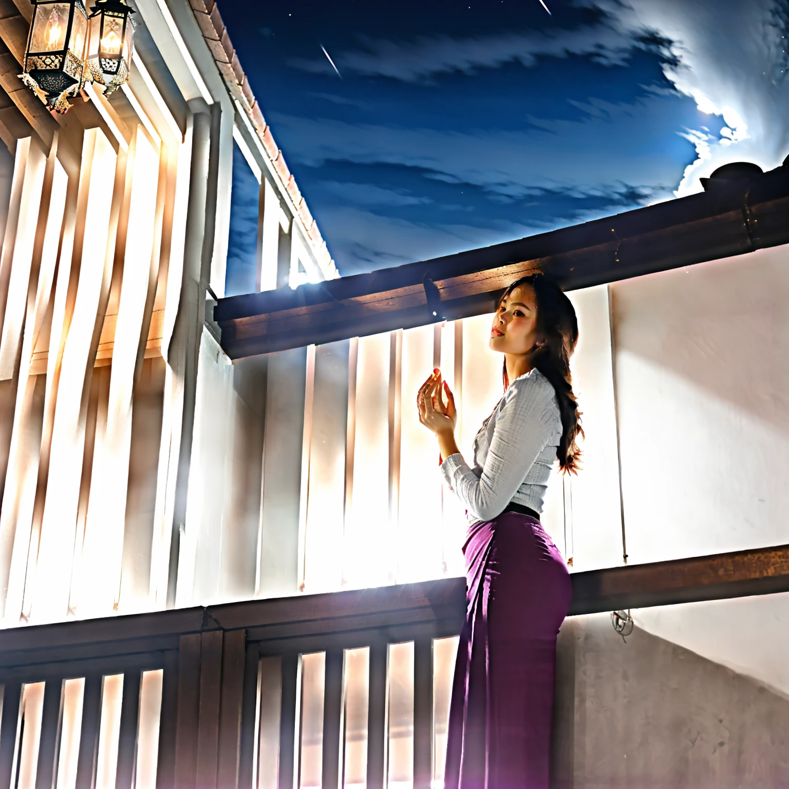 Burmese beautiful woman, 1 girl, solo, pretty lady MoonLay, innocent cute smile, cute and pretty face, red lips, (stylishly standing and leaning against the balcony wall:1.5), (seductively gazing up to the sky:1.5), (night:1.5), smooth face skin, traditional beauty, cinematic portrait glow lighting, acmm ss outfit, wearing acmm top, (white shirt:1.3), long sleeves, wearing acmm long skirt, (red long skirt:1.3), stiletto high heel, (full body portrait side view:2), (two story building rooftop balcony with vibrant colorful hanging lanterns with small townscape background:1.5), (cinematic bokeh blur background:1.5), cinematic lighting, perfect anatomy,